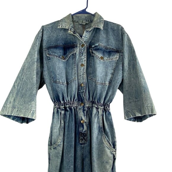 Vtg DREAMS Women Denim Jumpsuit Sz L Blue 80s 90s Snap Front 3/4 Sleeve 92-2 - Picture 4 of 13